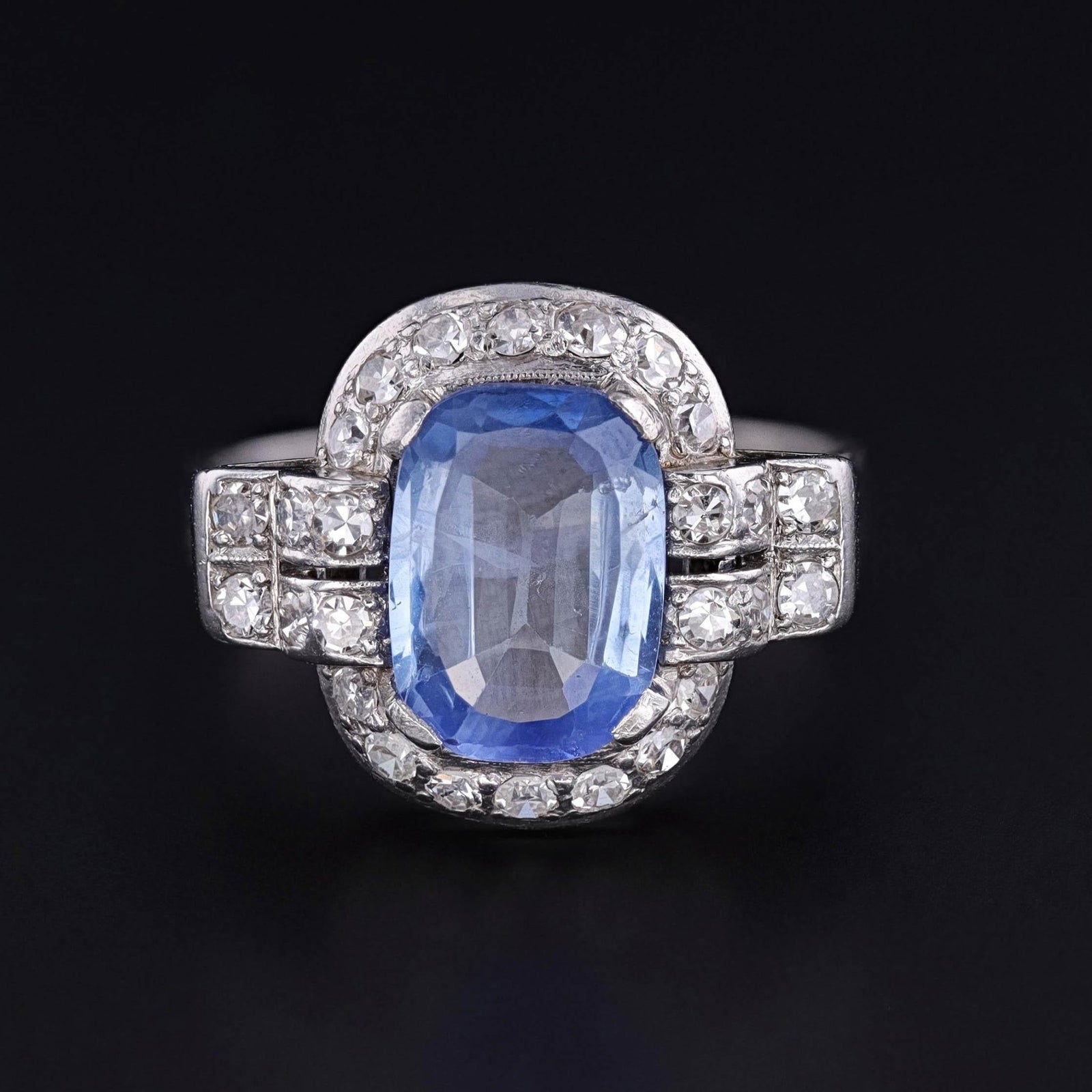 Art Deco Natural Blue Sapphire and Diamond Ring with EGL Certification - Trademark Antiques