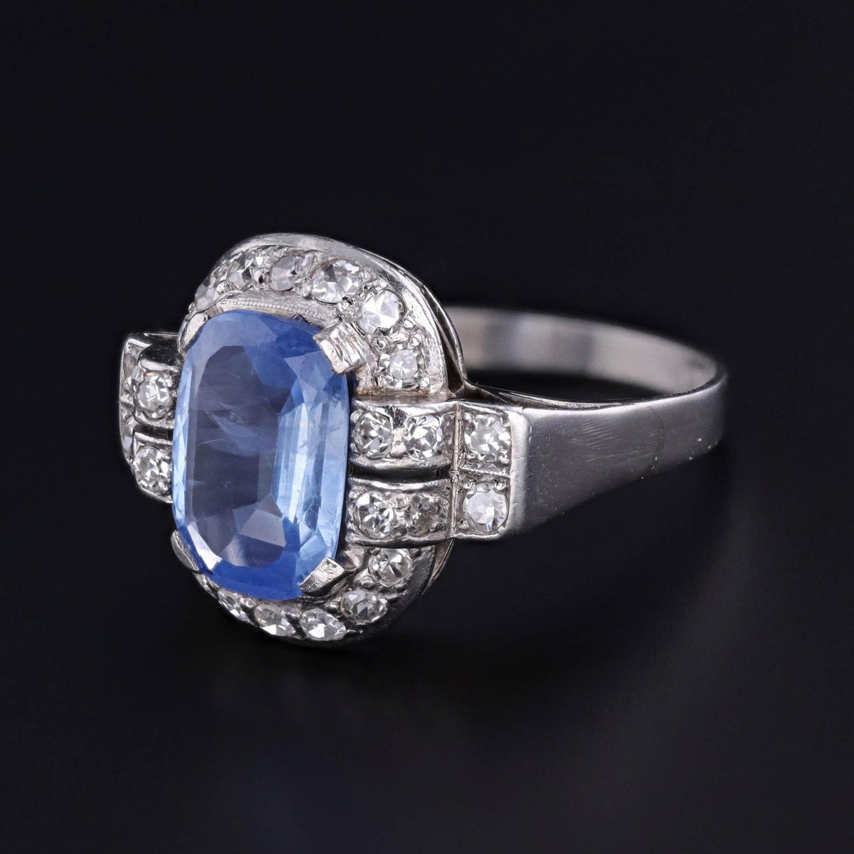 Art Deco Natural Blue Sapphire and Diamond Ring with EGL Certification - Trademark Antiques