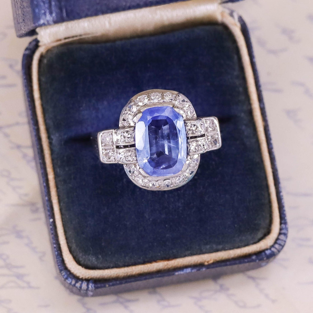 Art Deco Natural Blue Sapphire and Diamond Ring with EGL Certification - Trademark Antiques