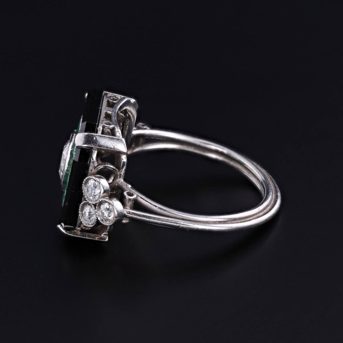 Art Deco Onyx, Emerald &amp; Diamond Ring of Platinum - Trademark Antiques
