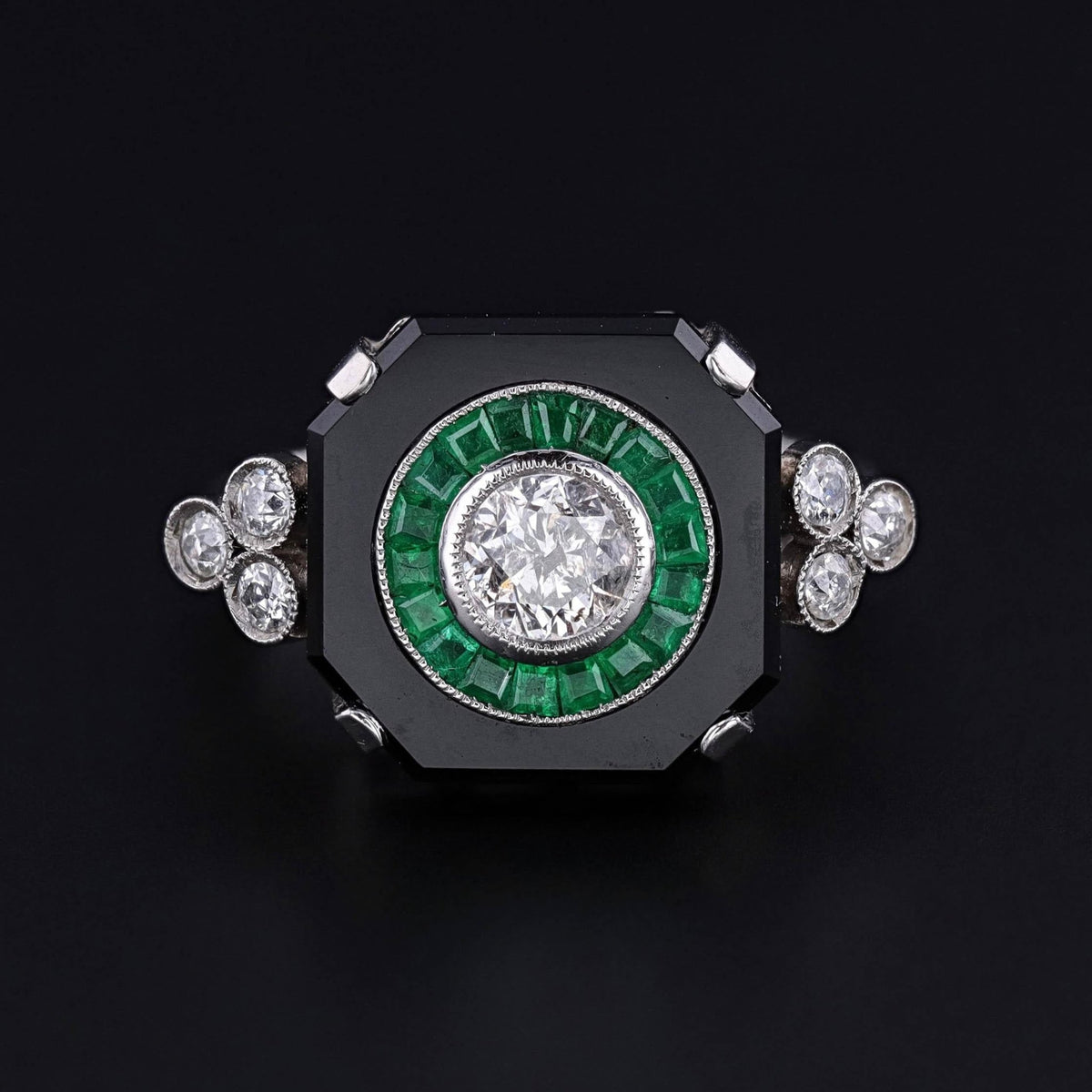 Art Deco Onyx, Emerald &amp; Diamond Ring of Platinum - Trademark Antiques