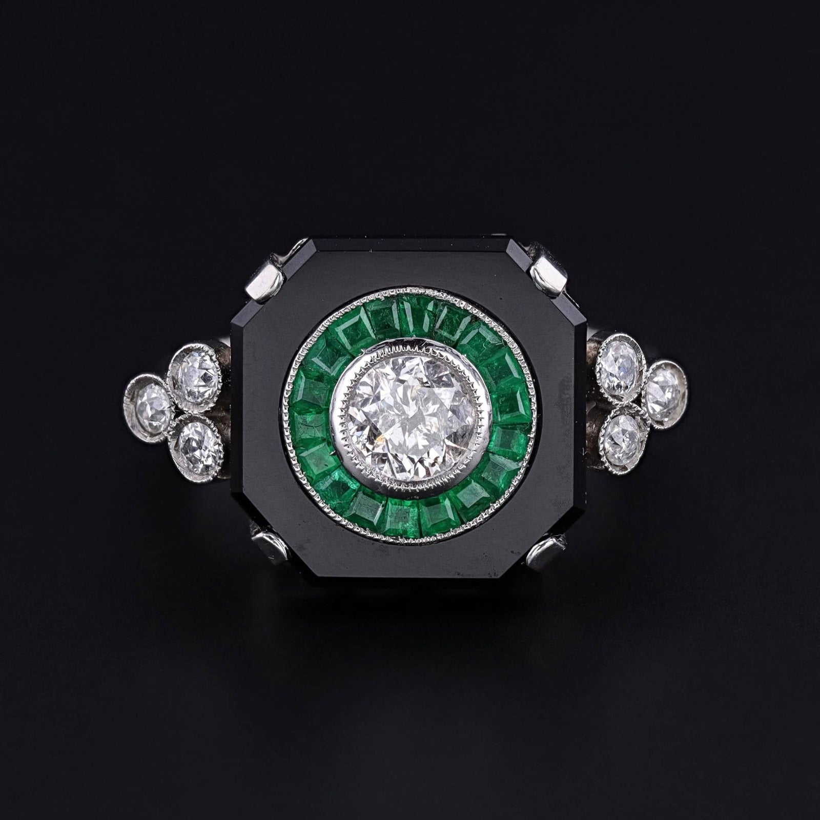 Art Deco Onyx, Emerald & Diamond Ring of Platinum - Trademark Antiques