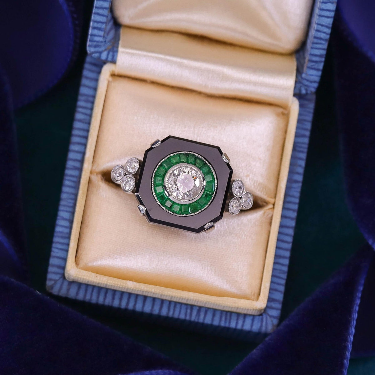 Art Deco Onyx, Emerald &amp; Diamond Ring of Platinum - Trademark Antiques