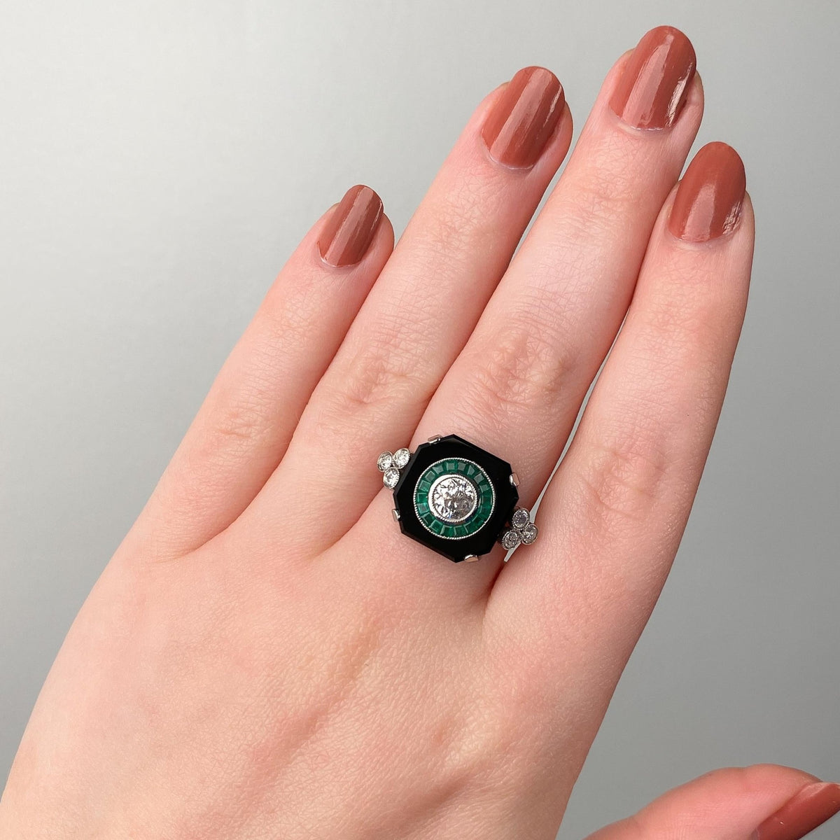 Art Deco Onyx, Emerald &amp; Diamond Ring of Platinum - Trademark Antiques