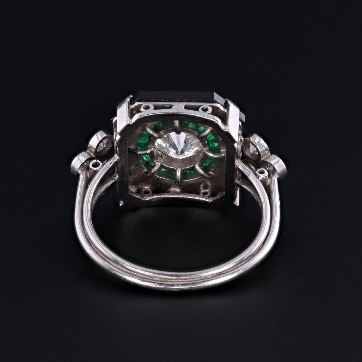 Art Deco Onyx, Emerald &amp; Diamond Ring of Platinum - Trademark Antiques