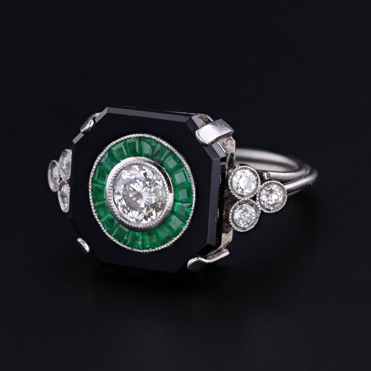 Art Deco Onyx, Emerald &amp; Diamond Ring of Platinum - Trademark Antiques