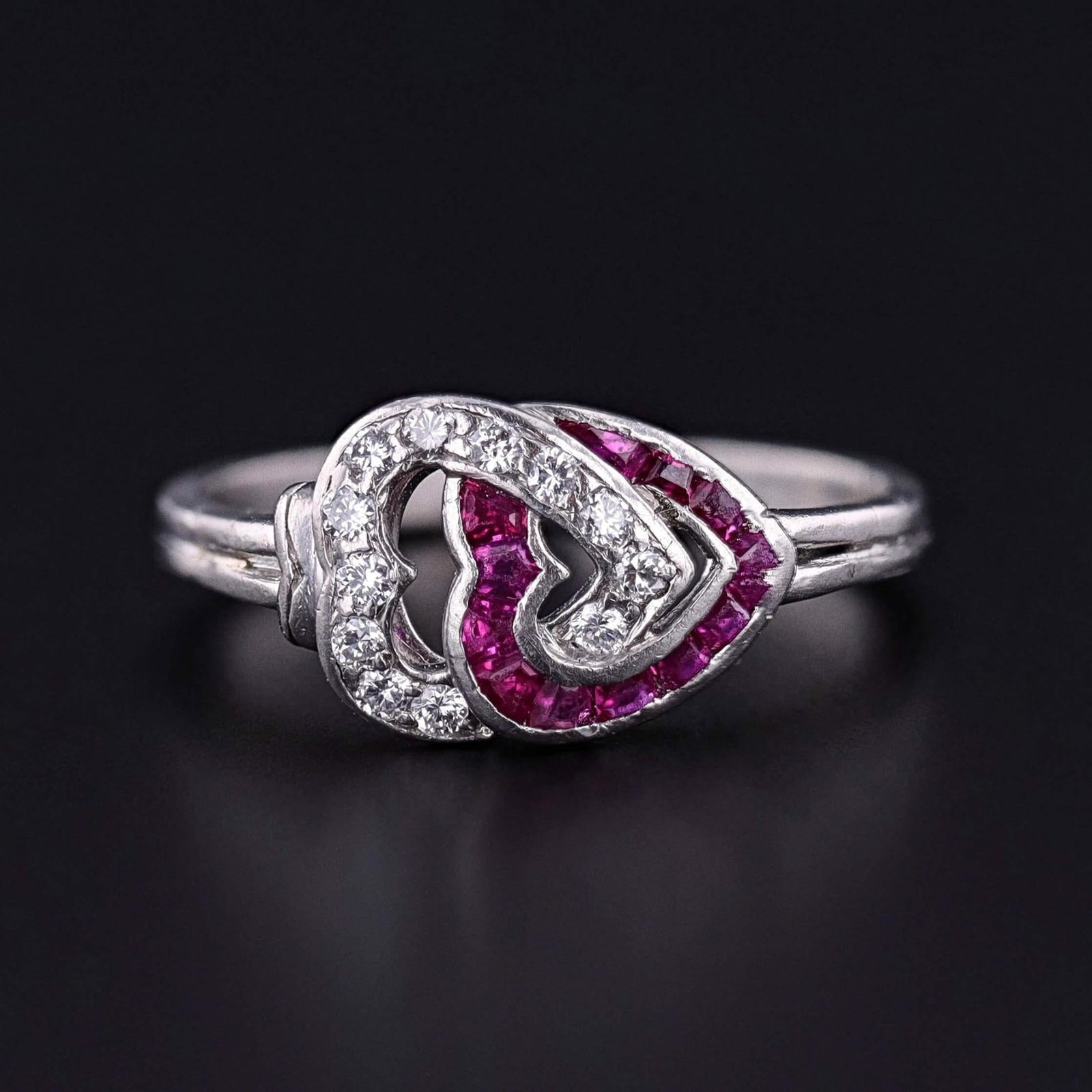 Art Deco Ruby and Diamond Entwined Hearts Ring of Platinum - Trademark Antiques