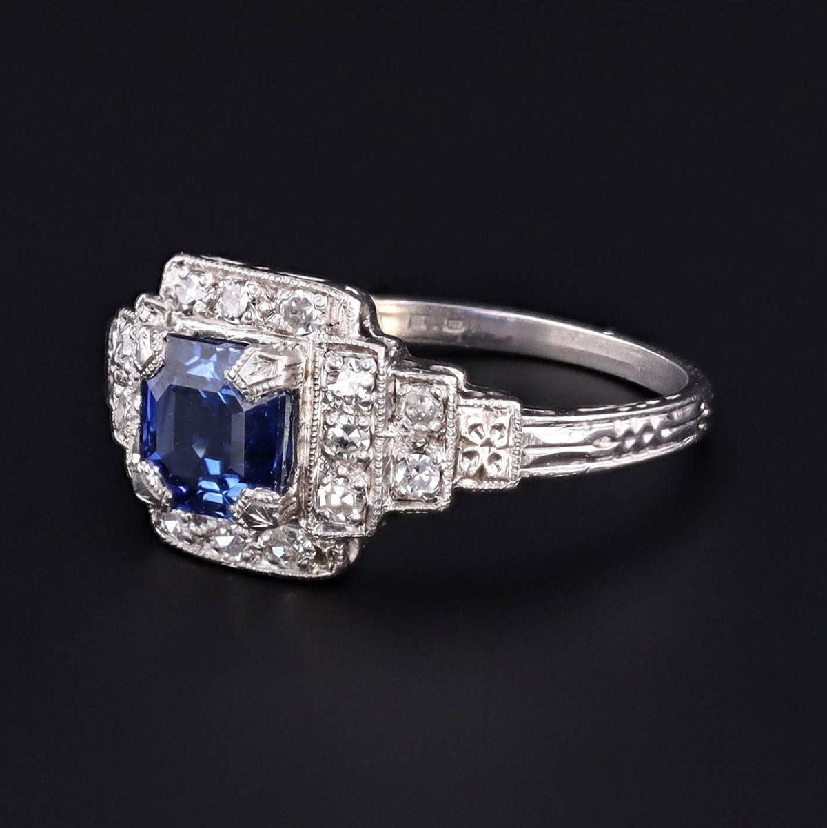 Art Deco Sapphire and Diamond Engagement Ring Platinum - Trademark Antiques
