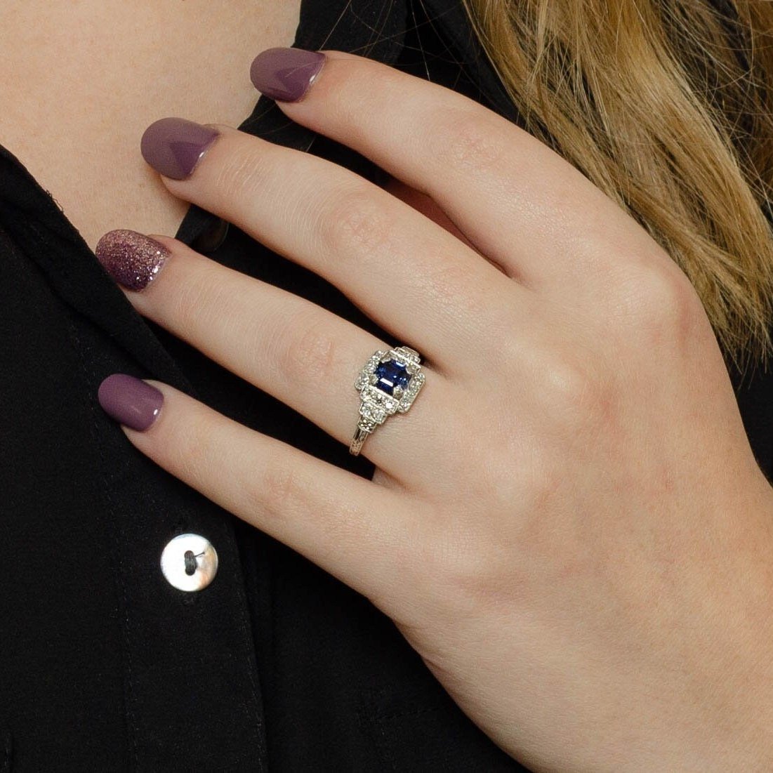 Art Deco Sapphire and Diamond Engagement Ring Platinum - Trademark Antiques