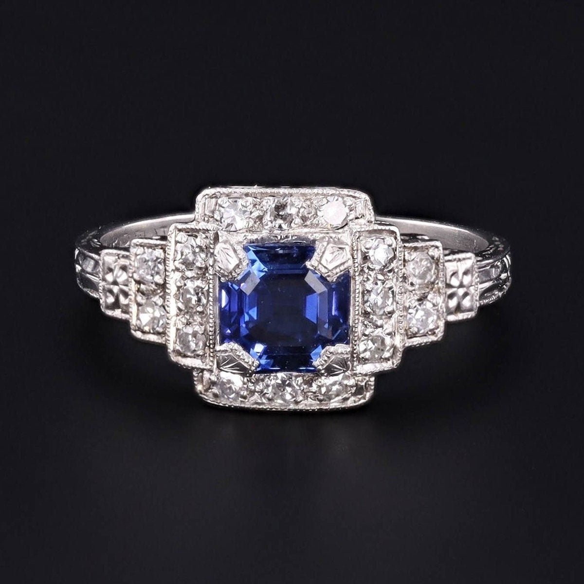 Art Deco Sapphire and Diamond Engagement Ring Platinum - Trademark Antiques