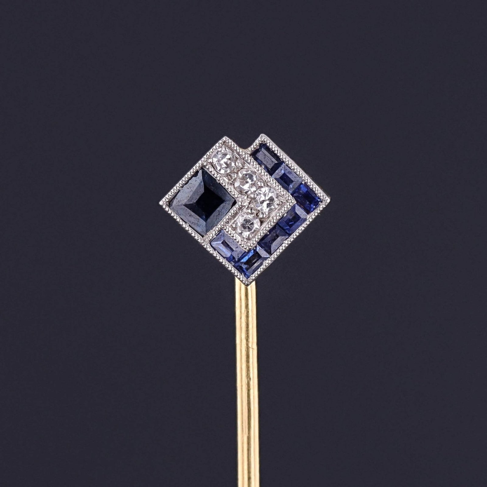 Art Deco Sapphire and Diamond Stickpin of Platinum and 18k Gold - Trademark Antiques