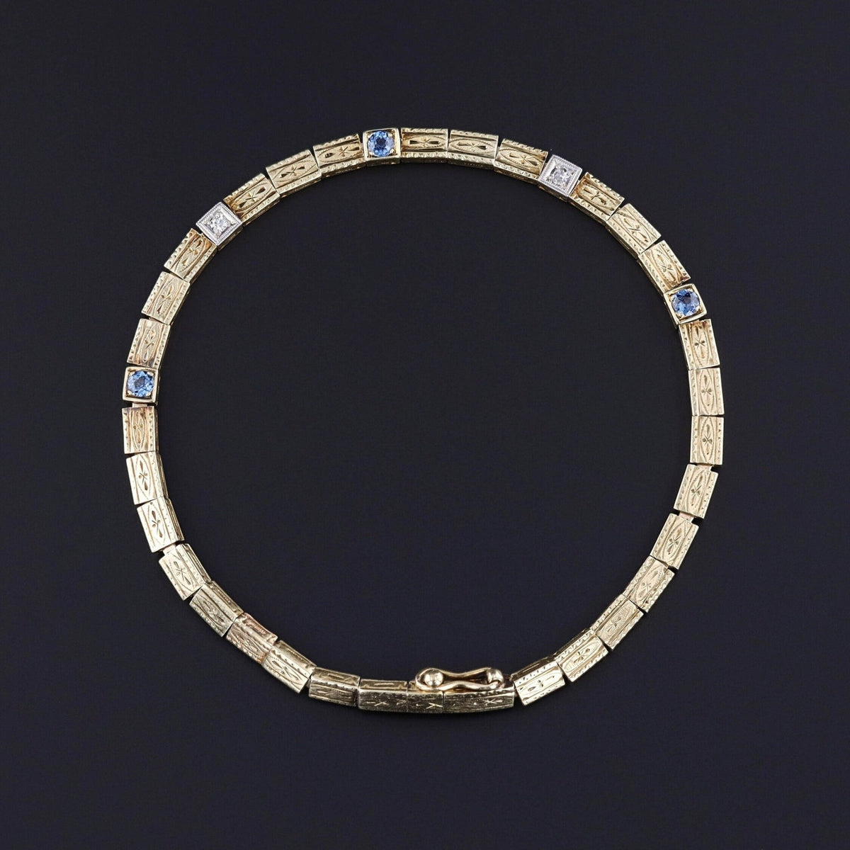 Art Deco Sapphire &amp; Diamond Line Bracelet of 14k Gold - Trademark Antiques
