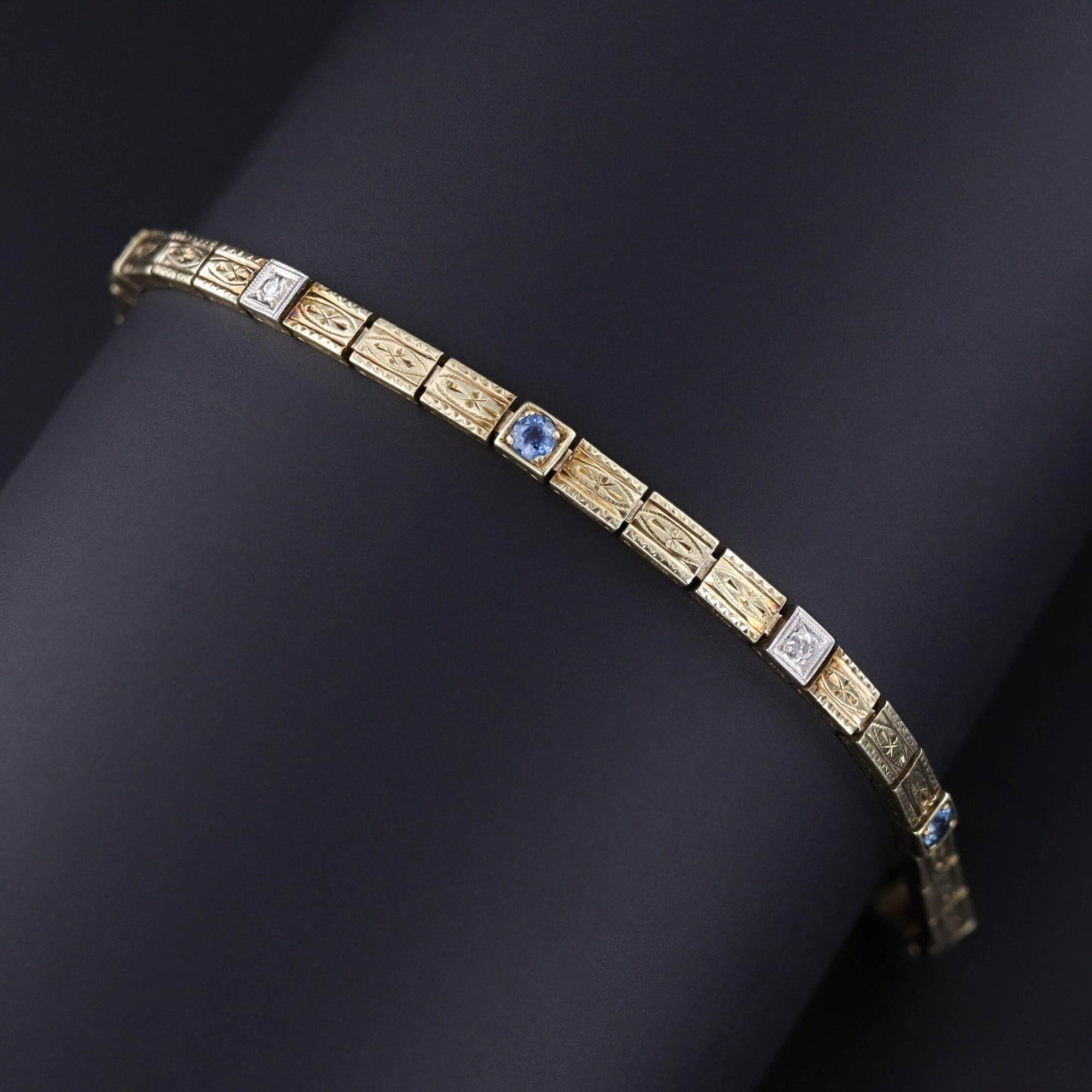 Art Deco Sapphire & Diamond Line Bracelet of 14k Gold - Trademark Antiques