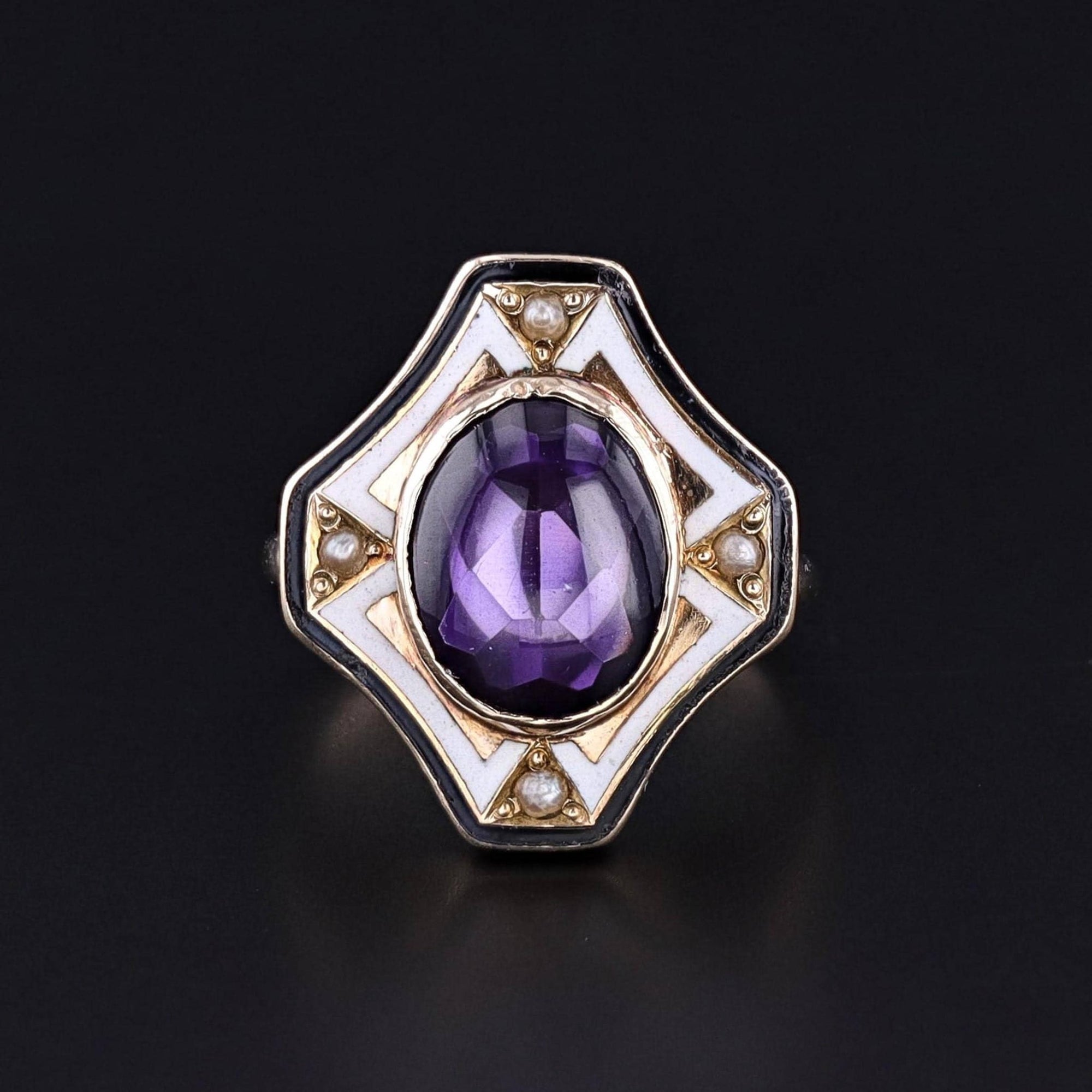 Art Deco Synthetic Purple Sapphire and Enamel Ring of 10k Gold - Trademark Antiques