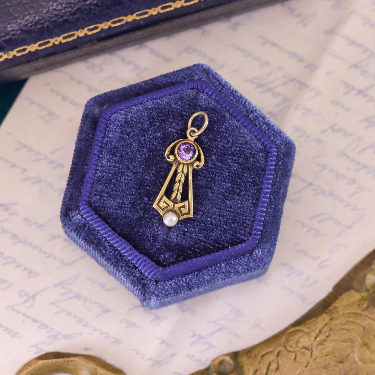 Art Nouveau Amethyst and Pearl Conversion Charm of 14k Gold - Trademark Antiques