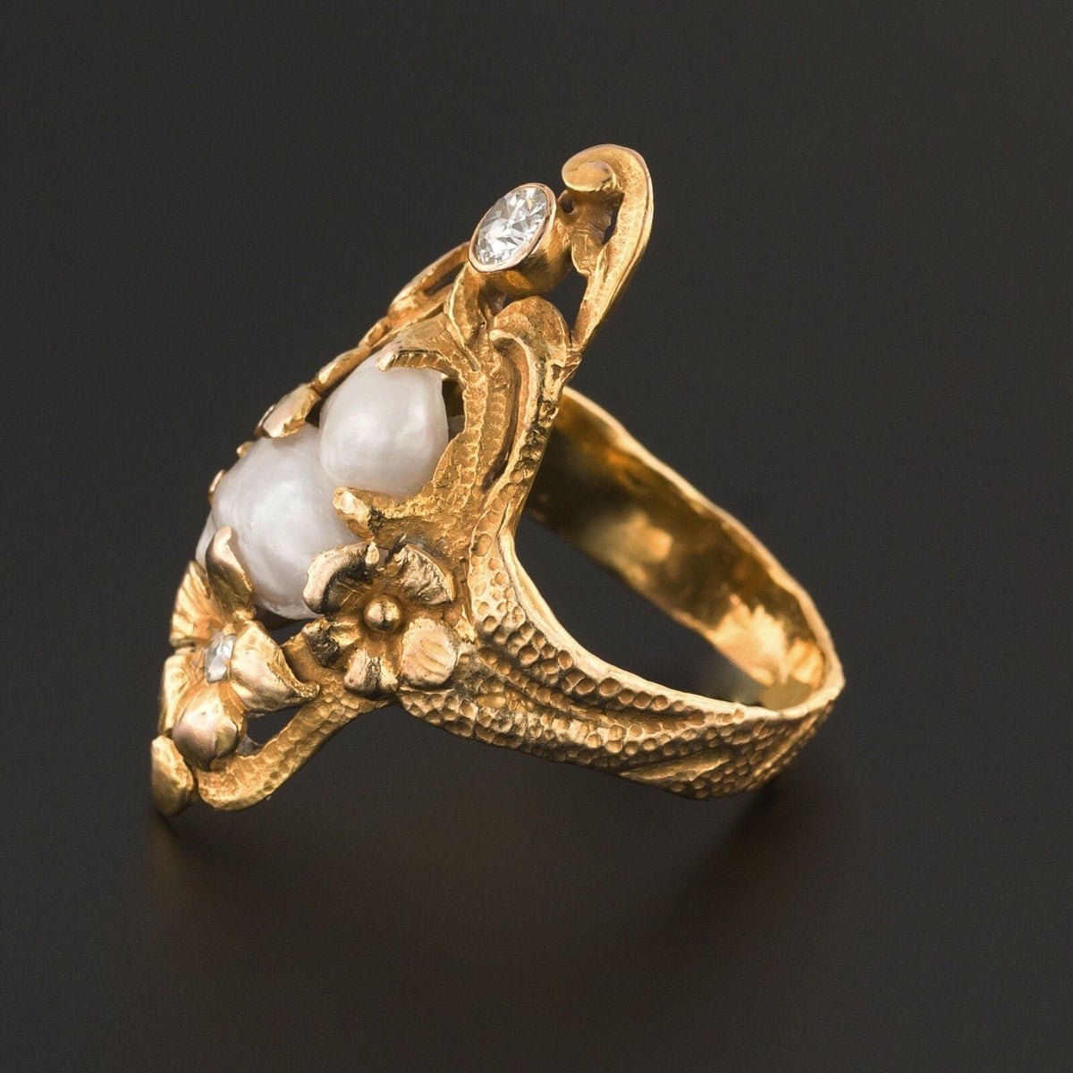Art Nouveau Baroque Pearl &amp; Diamond Ring of 14k Gold - Trademark Antiques