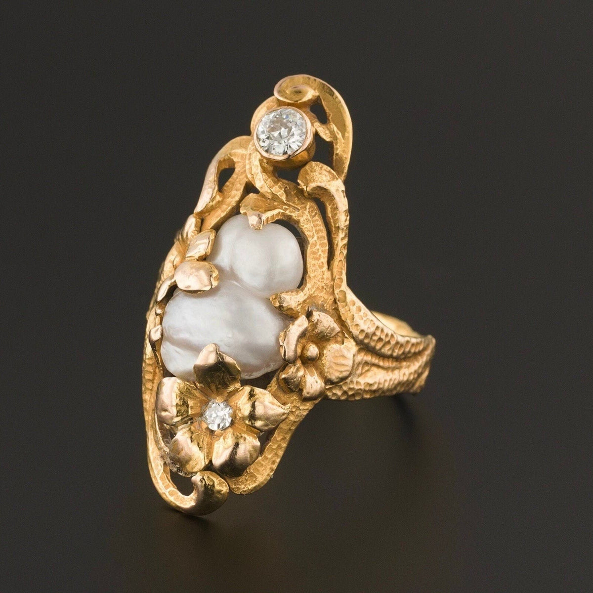 Art Nouveau Baroque Pearl &amp; Diamond Ring of 14k Gold - Trademark Antiques