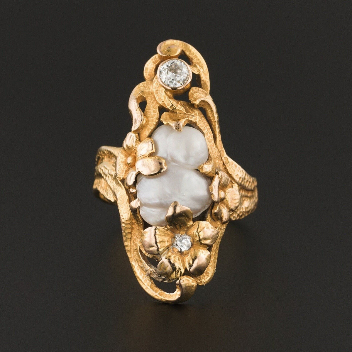 Art Nouveau Baroque Pearl &amp; Diamond Ring of 14k Gold - Trademark Antiques
