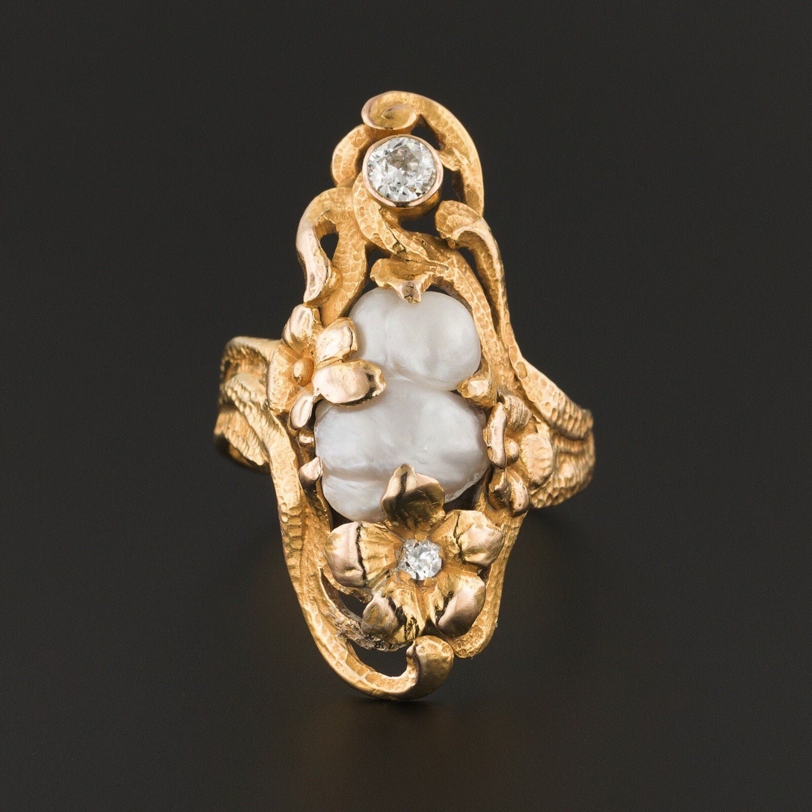 Art Nouveau Baroque Pearl & Diamond Ring of 14k Gold - Trademark Antiques