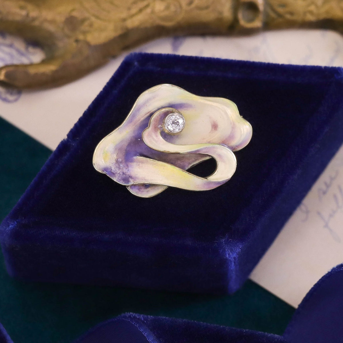 Art Nouveau Diamond and Enamel Brooch of 14k Gold - Trademark Antiques