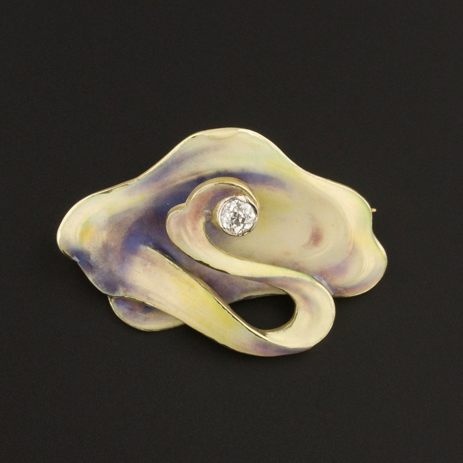 Art Nouveau Diamond and Enamel Brooch of 14k Gold - Trademark Antiques