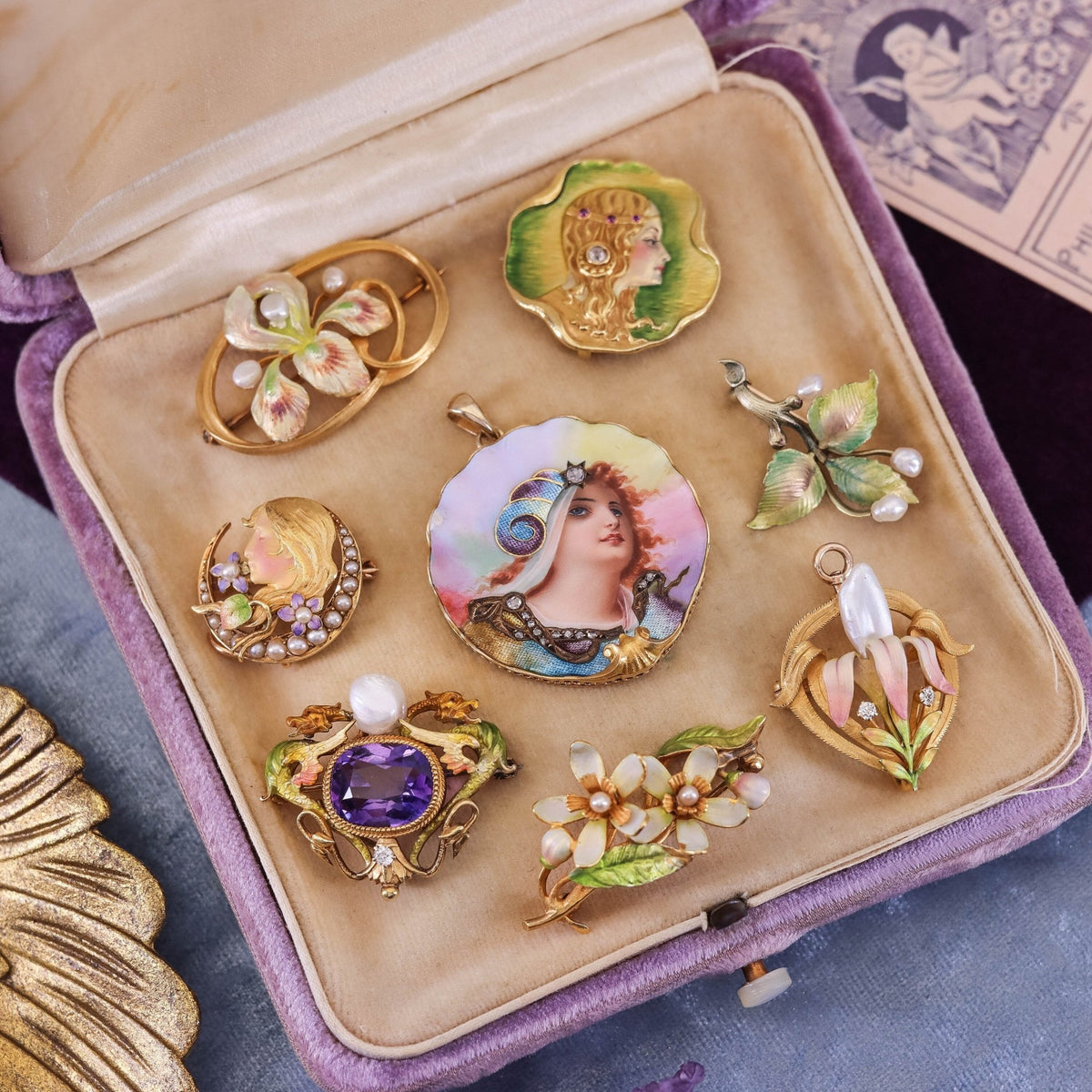 Art Nouveau Enamel and Pearl Brooch of 18k Gold - Trademark Antiques
