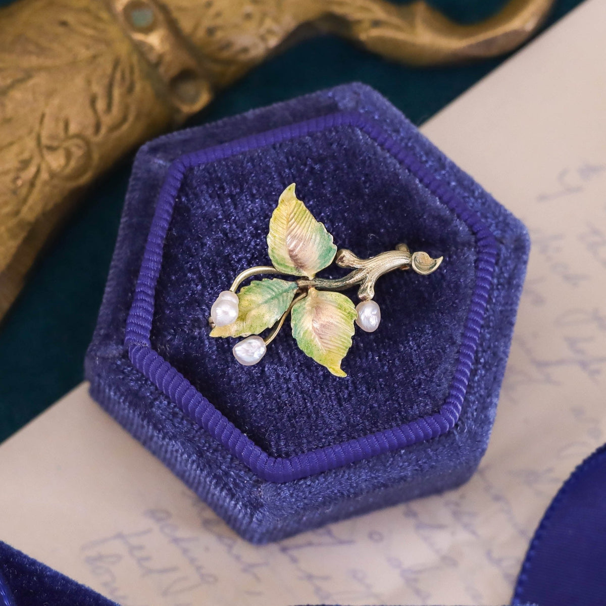 Art Nouveau Enamel and Pearl Brooch of 18k Gold - Trademark Antiques