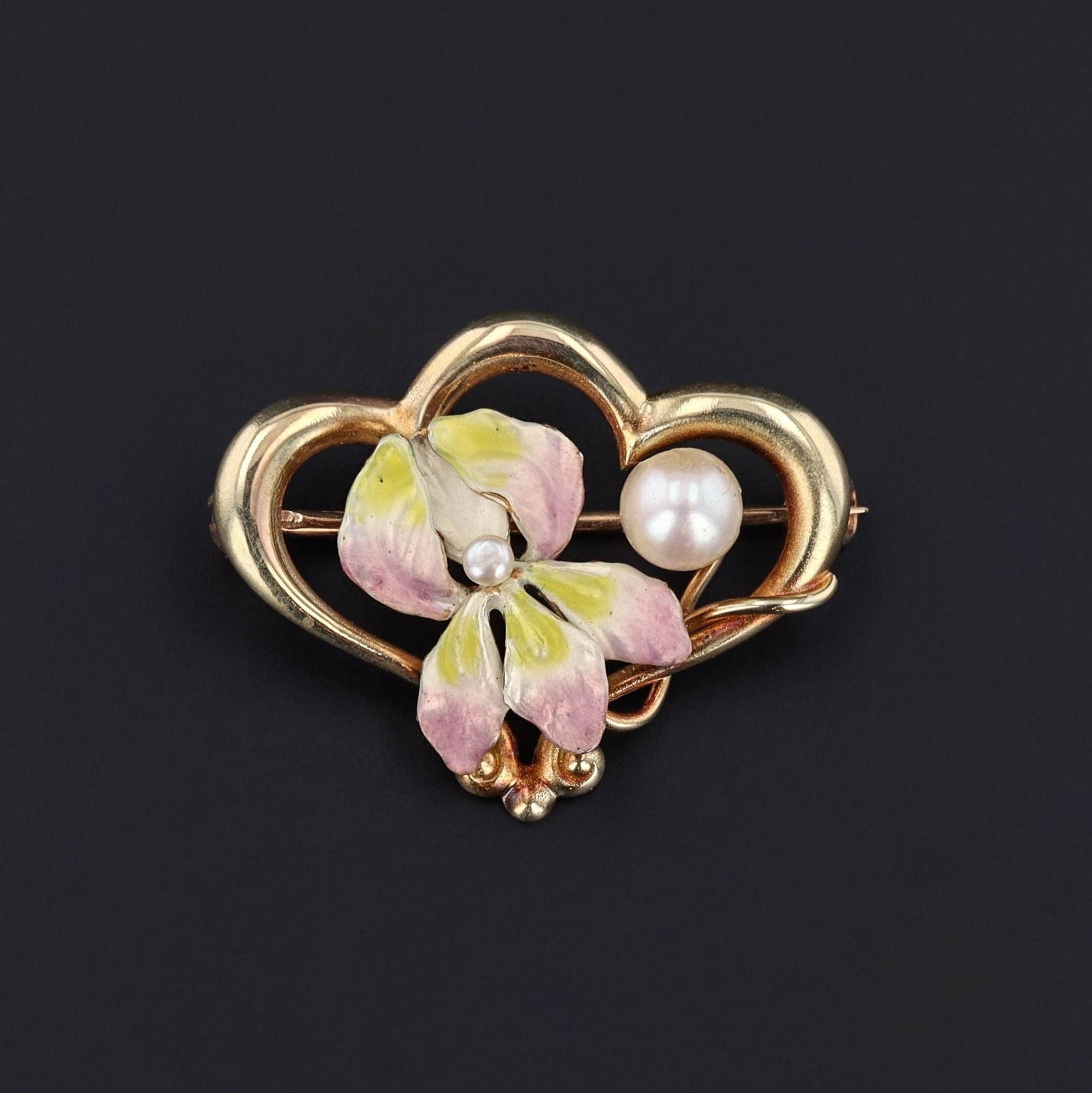 Art Nouveau Enamel Flower Brooch of 14K Gold - Trademark Antiques