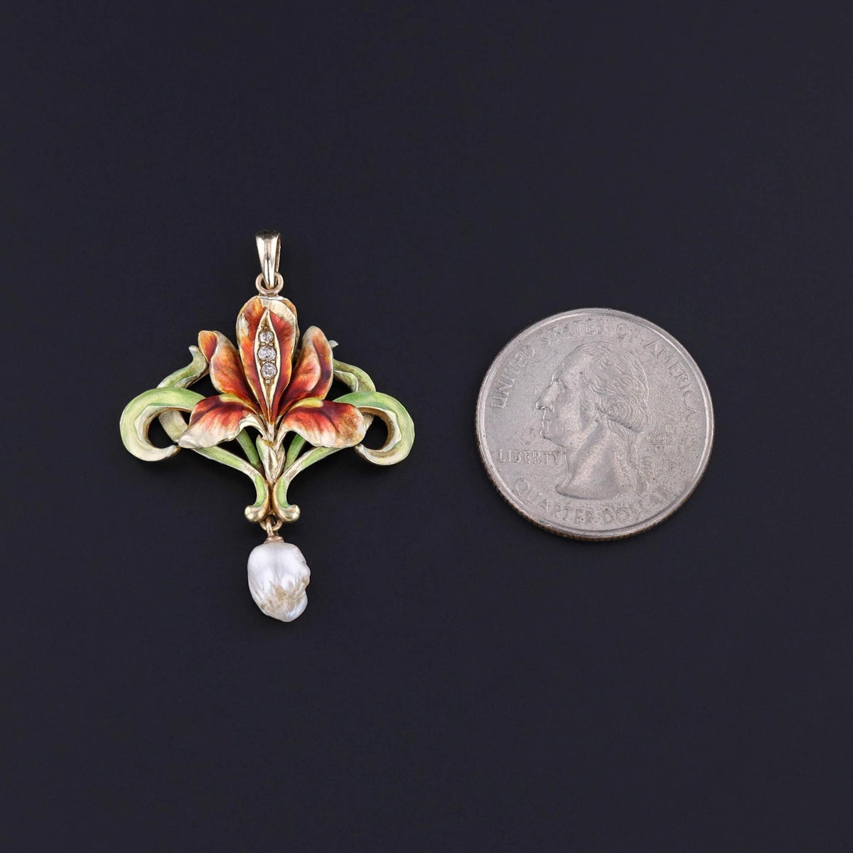 Art Nouveau Enamel Iris Pendant of 14k Gold - Trademark Antiques