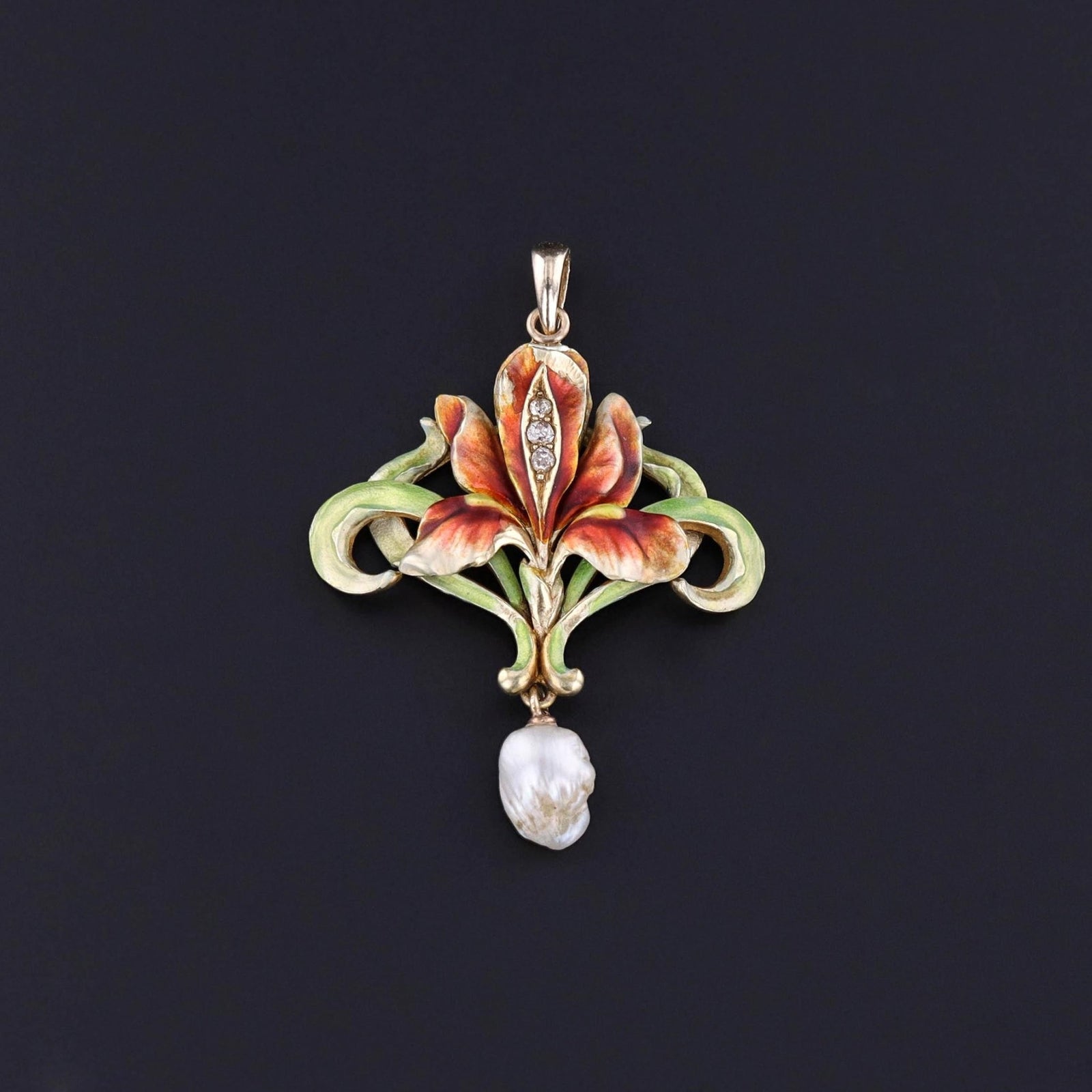 Art Nouveau Enamel Iris Pendant of 14k Gold - Trademark Antiques