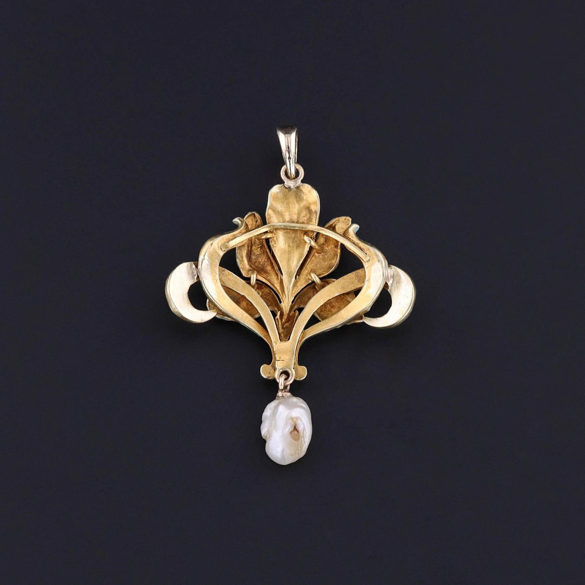 Art Nouveau Enamel Iris Pendant of 14k Gold - Trademark Antiques