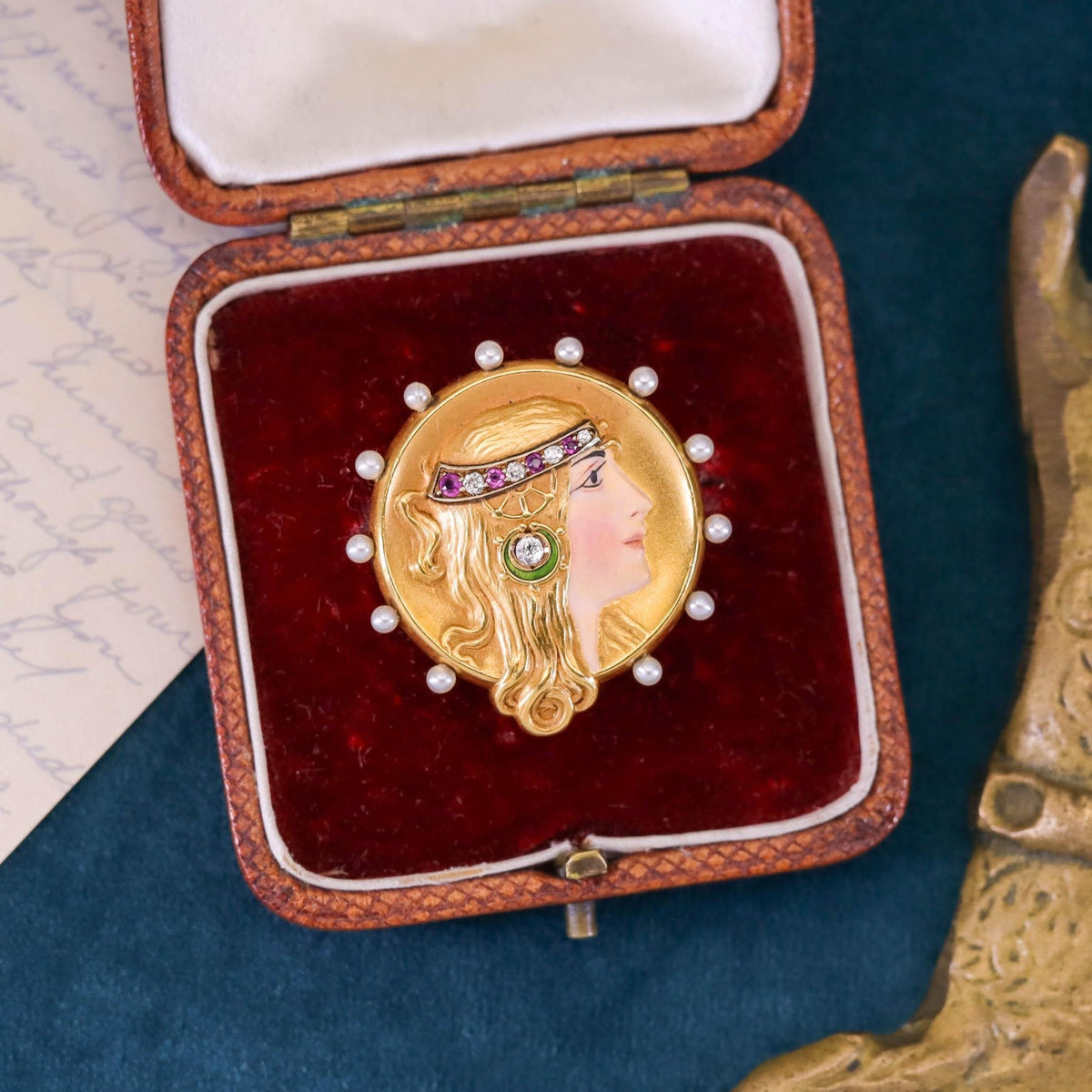 Art Nouveau Enamel Lady Brooch of 14k Gold in Original Box - Trademark Antiques