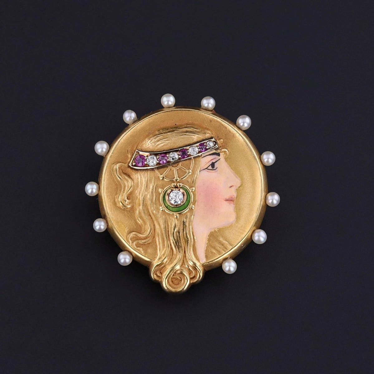 Art Nouveau Enamel Lady Brooch of 14k Gold in Original Box - Trademark Antiques