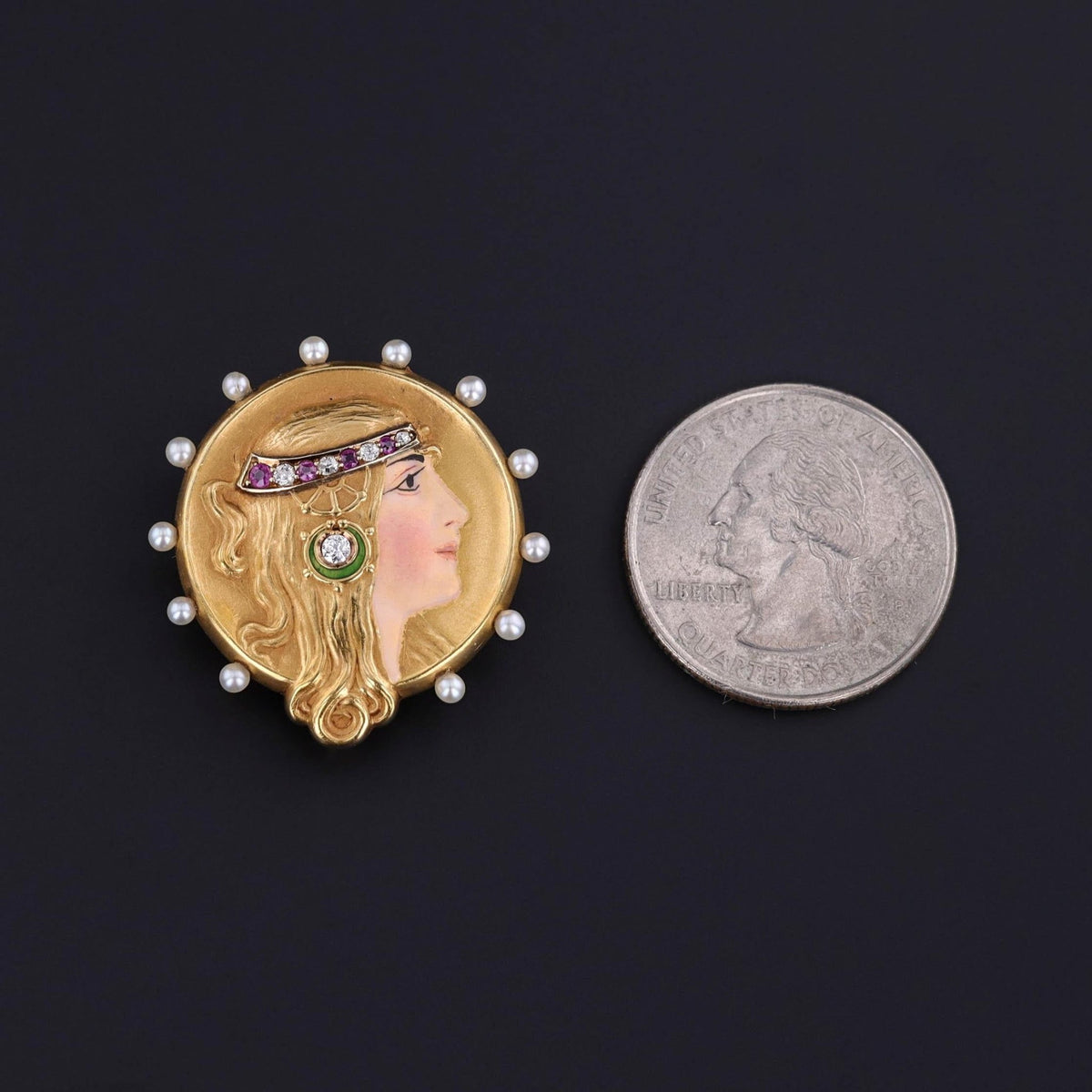 Art Nouveau Enamel Lady Brooch of 14k Gold in Original Box - Trademark Antiques
