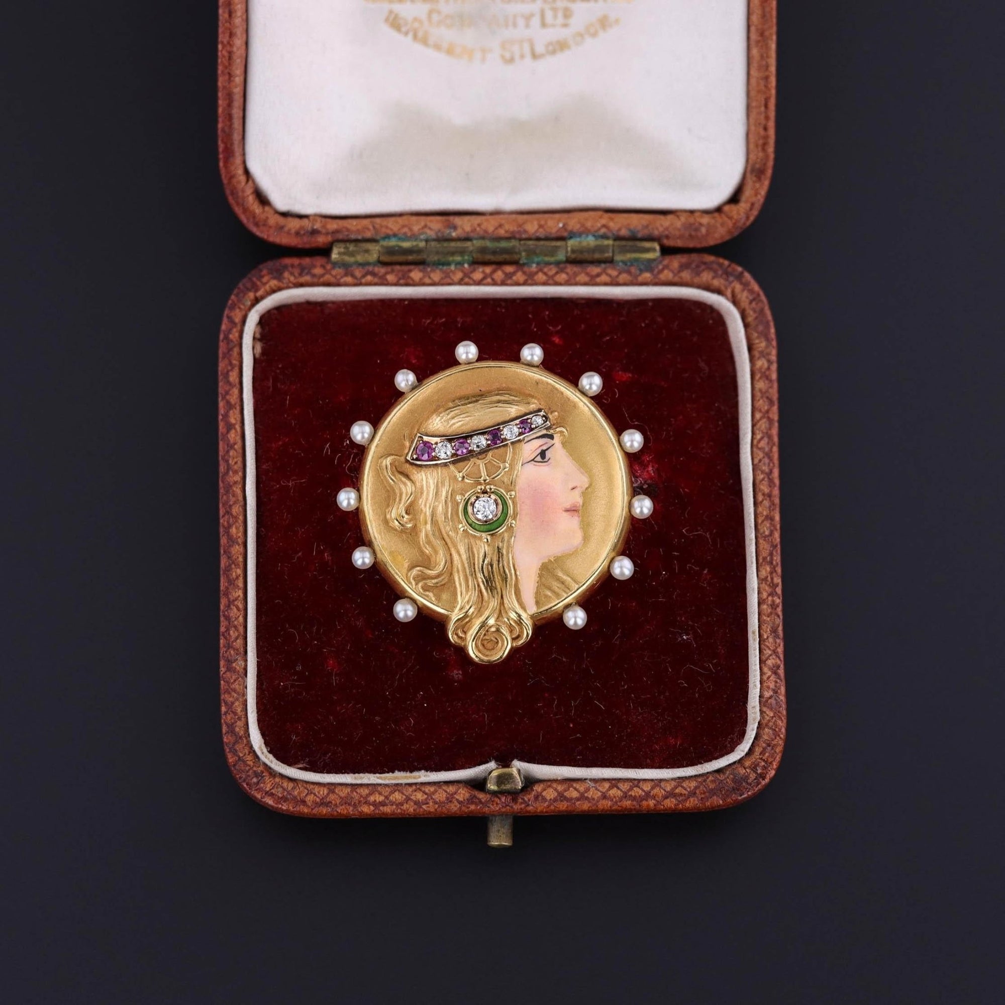 Art Nouveau Enamel Lady Brooch of 14k Gold in Original Box - Trademark Antiques