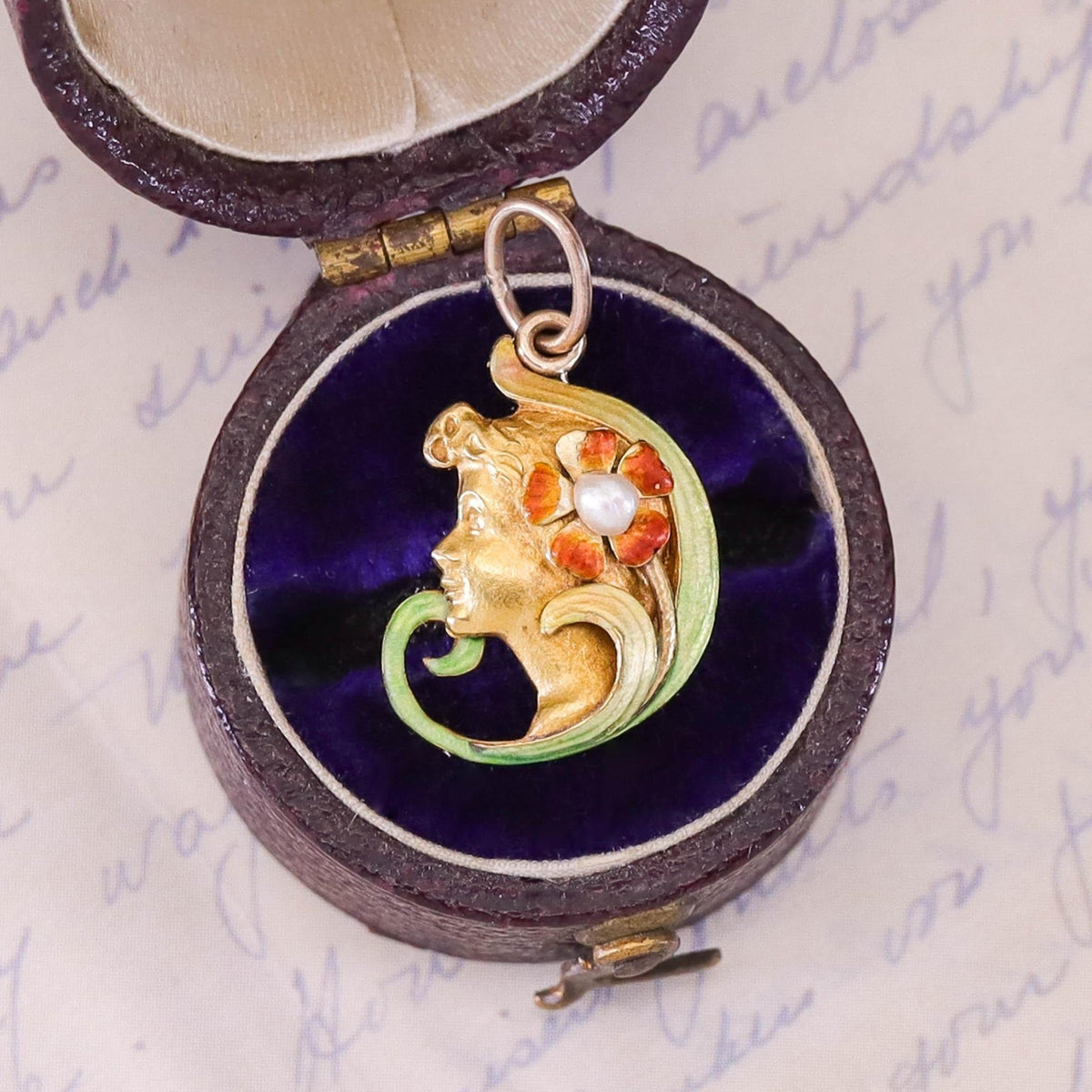 Art Nouveau Enamel Lady Charm of 14k Gold - Trademark Antiques