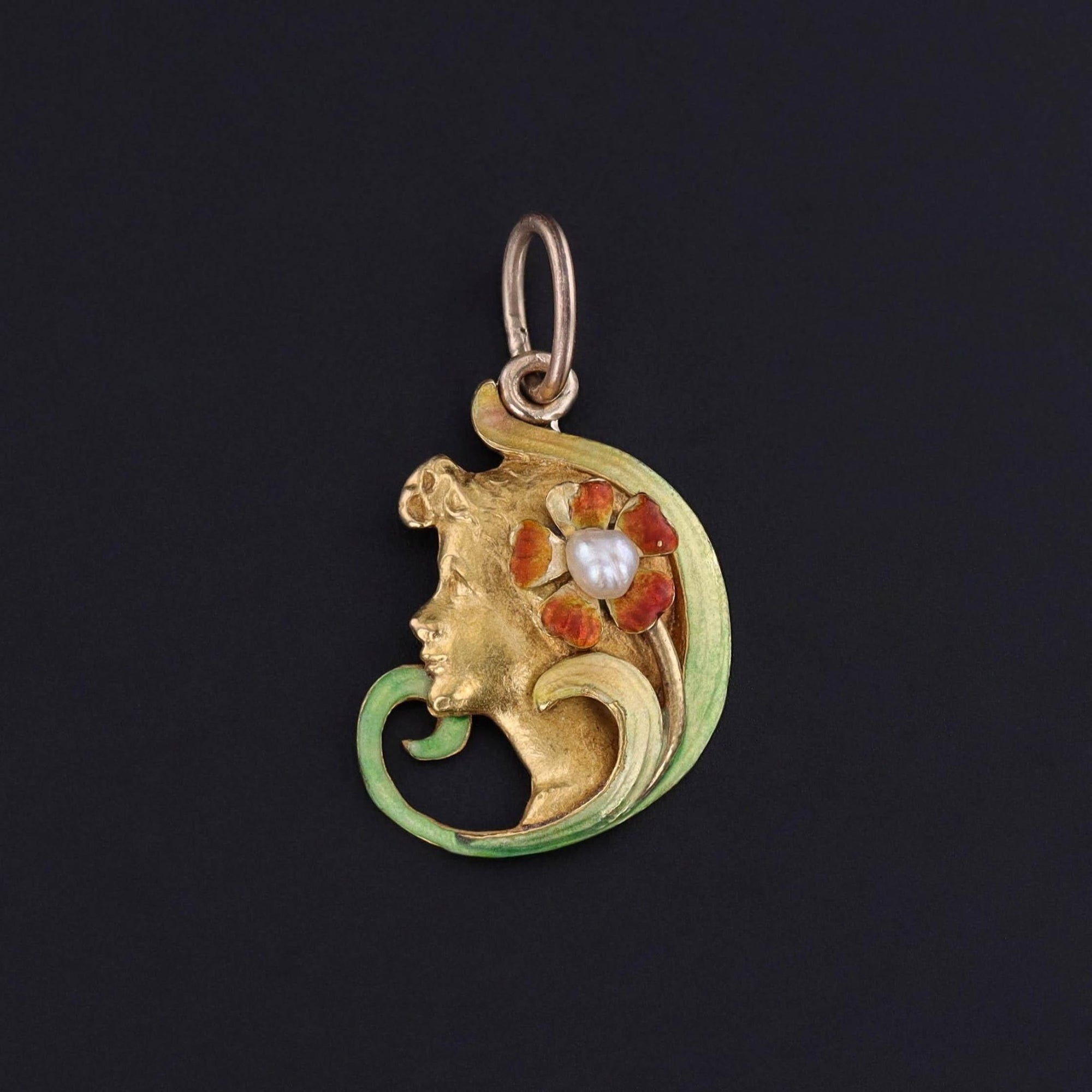 Art Nouveau Enamel Lady Charm of 14k Gold - Trademark Antiques