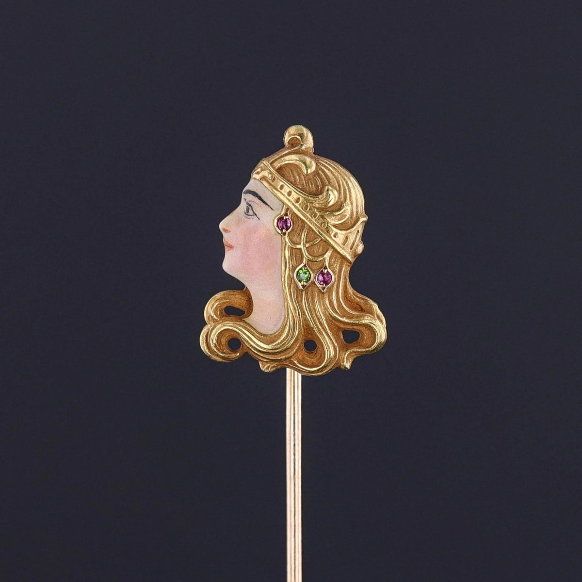 Art Nouveau Enamel Lady Stickpin of 18k Gold - Trademark Antiques
