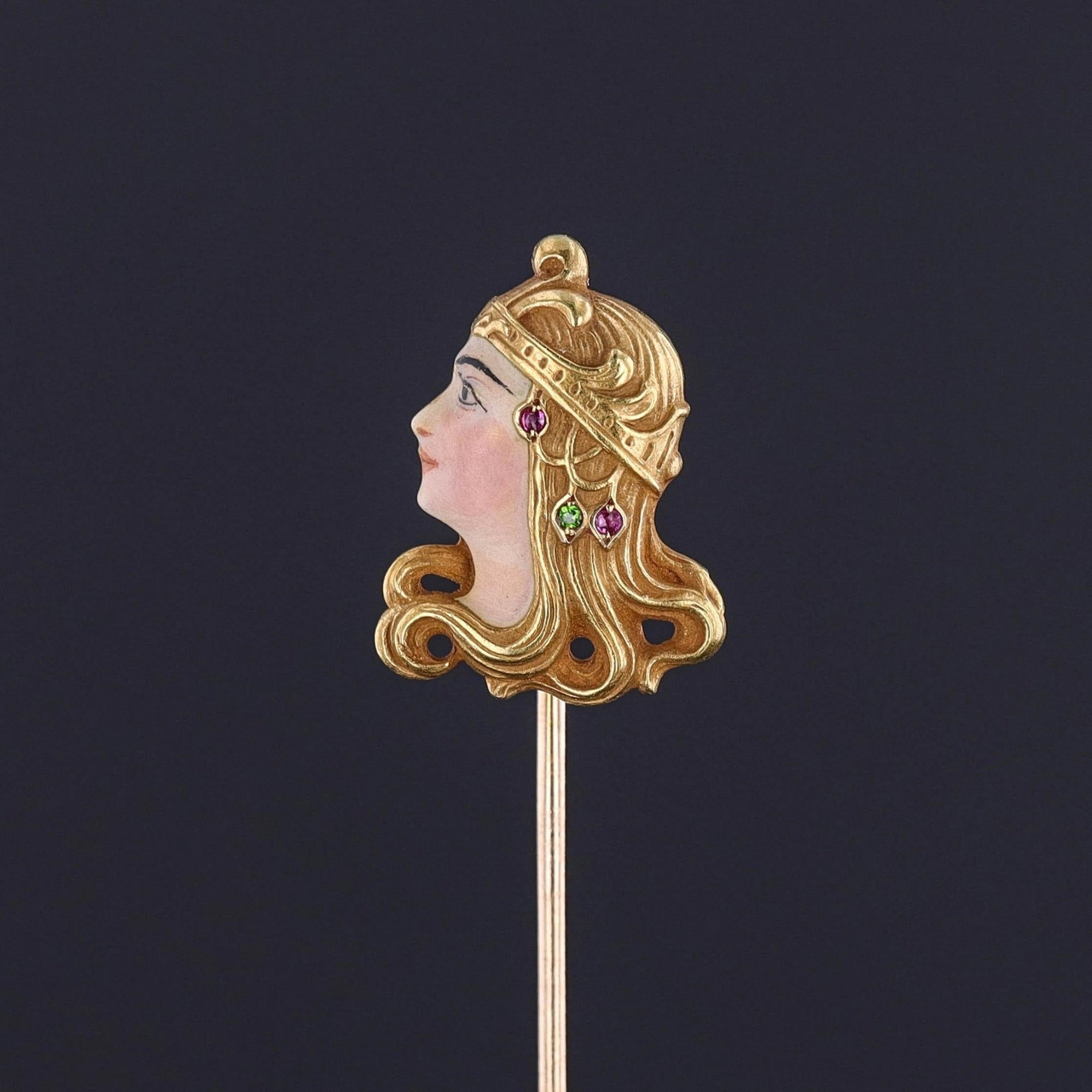 Art Nouveau Enamel Lady Stickpin of 18k Gold - Trademark Antiques