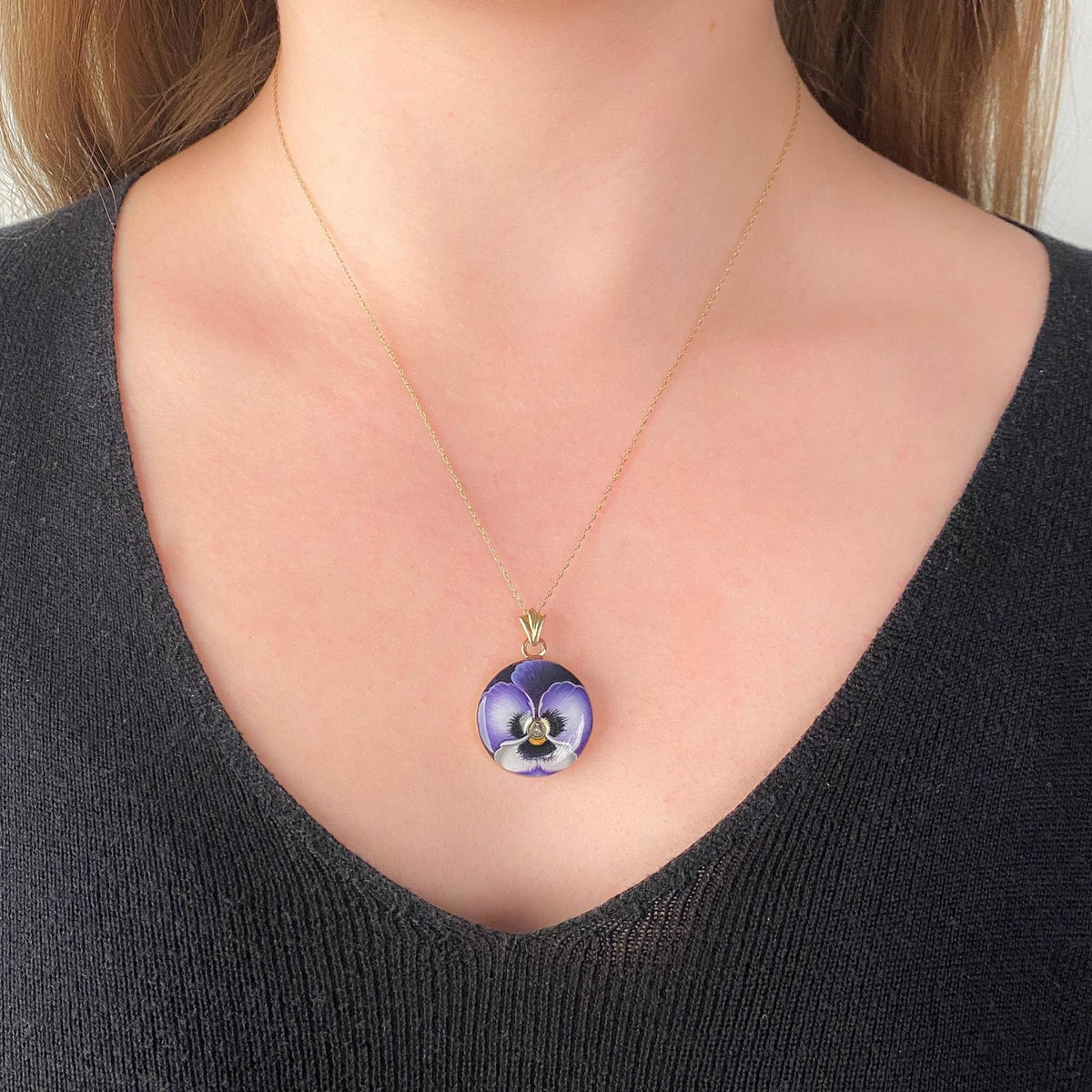 Art Nouveau Enamel Pansy Pendant of 14k Gold - Trademark Antiques