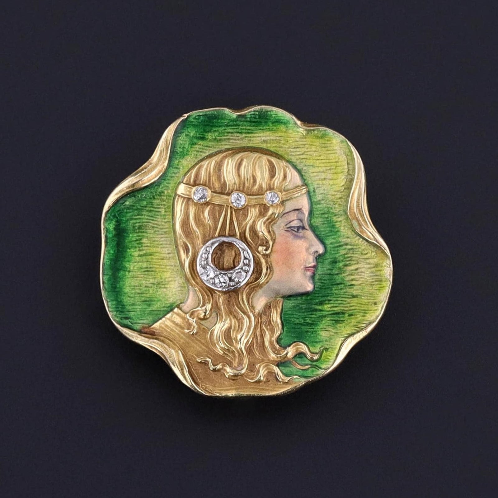 Art Nouveau Enamel Woman Brooch 18k Gold - Trademark Antiques