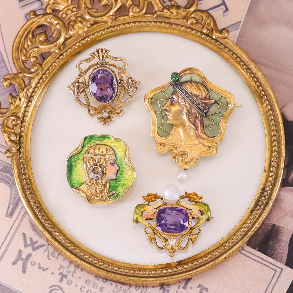 Art Nouveau Enamel Woman Brooch 18k Gold - Trademark Antiques