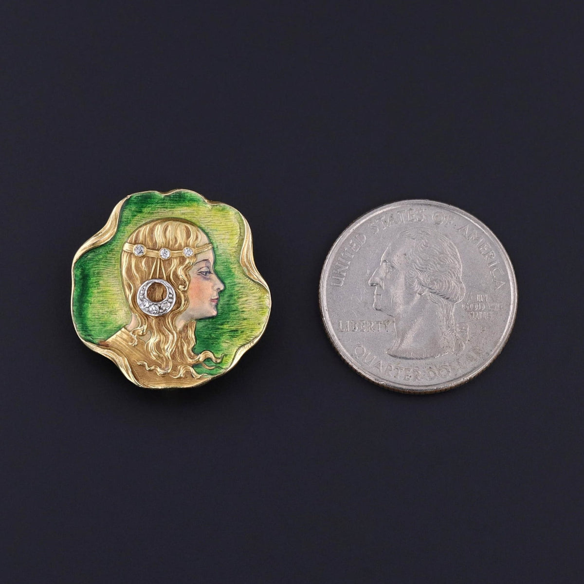 Art Nouveau Enamel Woman Brooch 18k Gold - Trademark Antiques