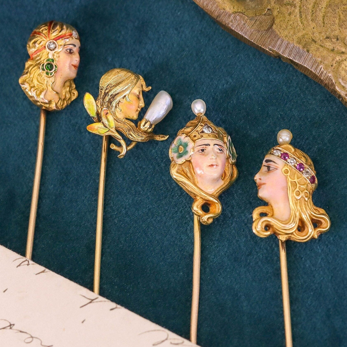 Art Nouveau Enamel Woman Stickpin of 14k Gold - Trademark Antiques