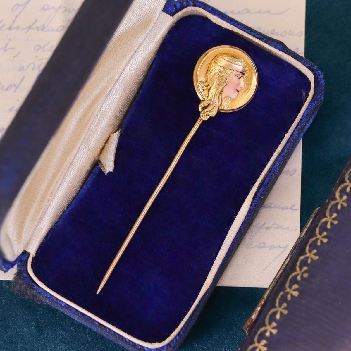 Art Nouveau Enamel Woman Stickpin of 14k Gold - Trademark Antiques