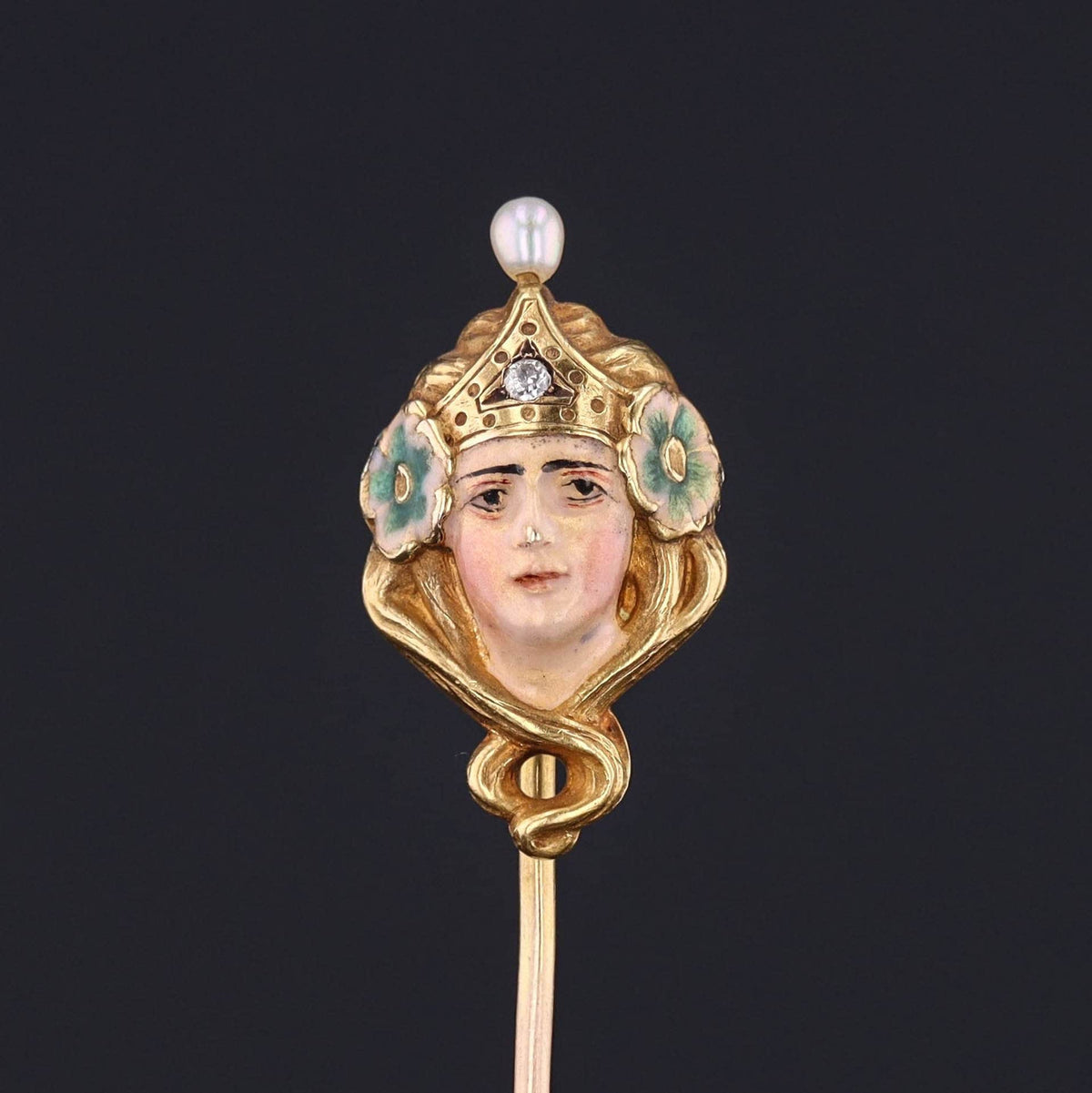 Art Nouveau Enamel Woman Stickpin of 14k Gold - Trademark Antiques