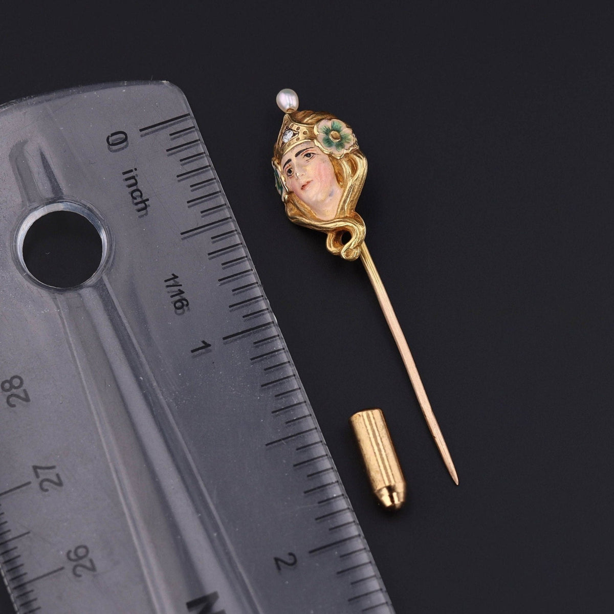 Art Nouveau Enamel Woman Stickpin of 14k Gold - Trademark Antiques
