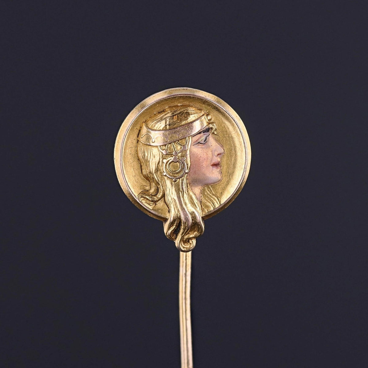 Art Nouveau Enamel Woman Stickpin of 14k Gold - Trademark Antiques