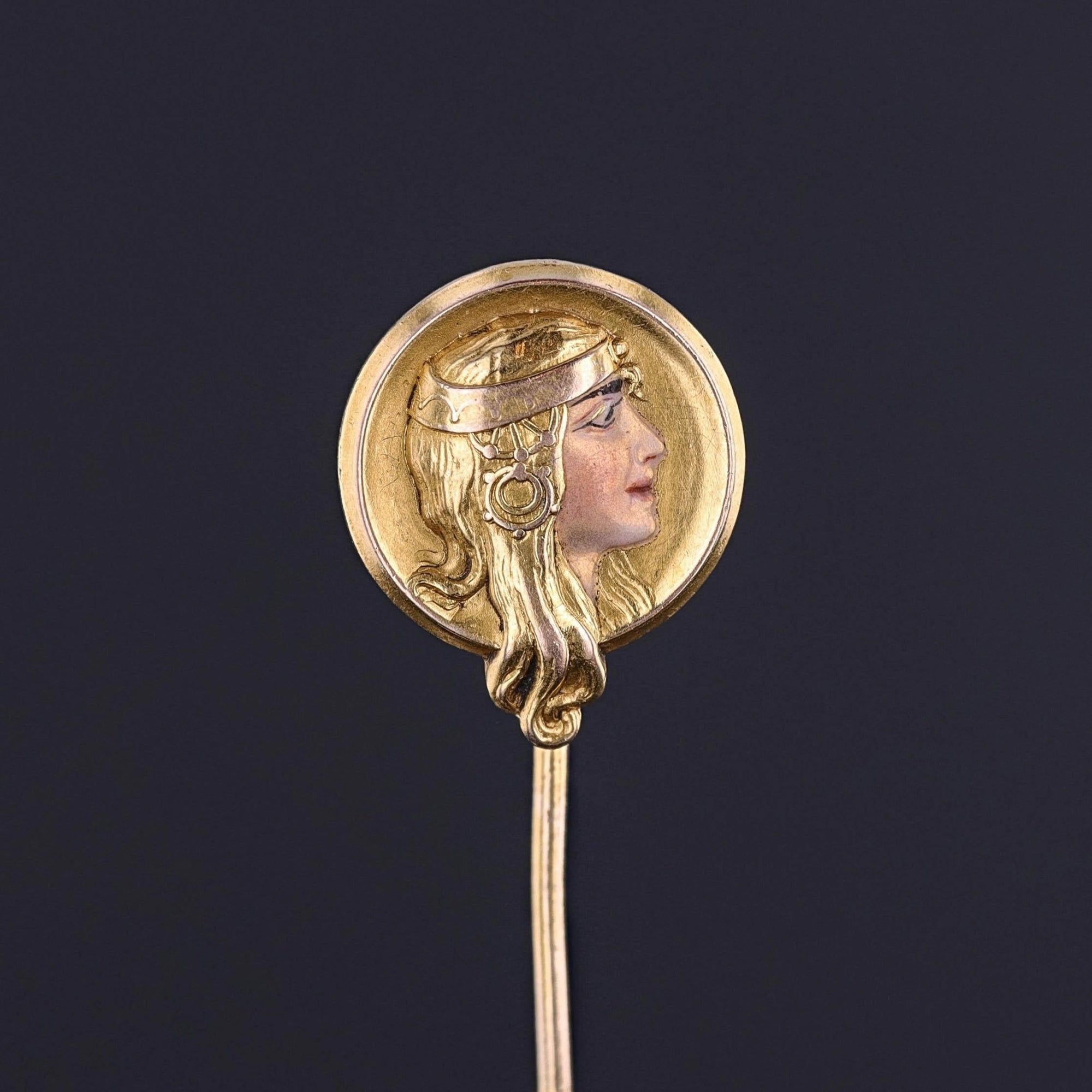 Art Nouveau Enamel Woman Stickpin of 14k Gold - Trademark Antiques