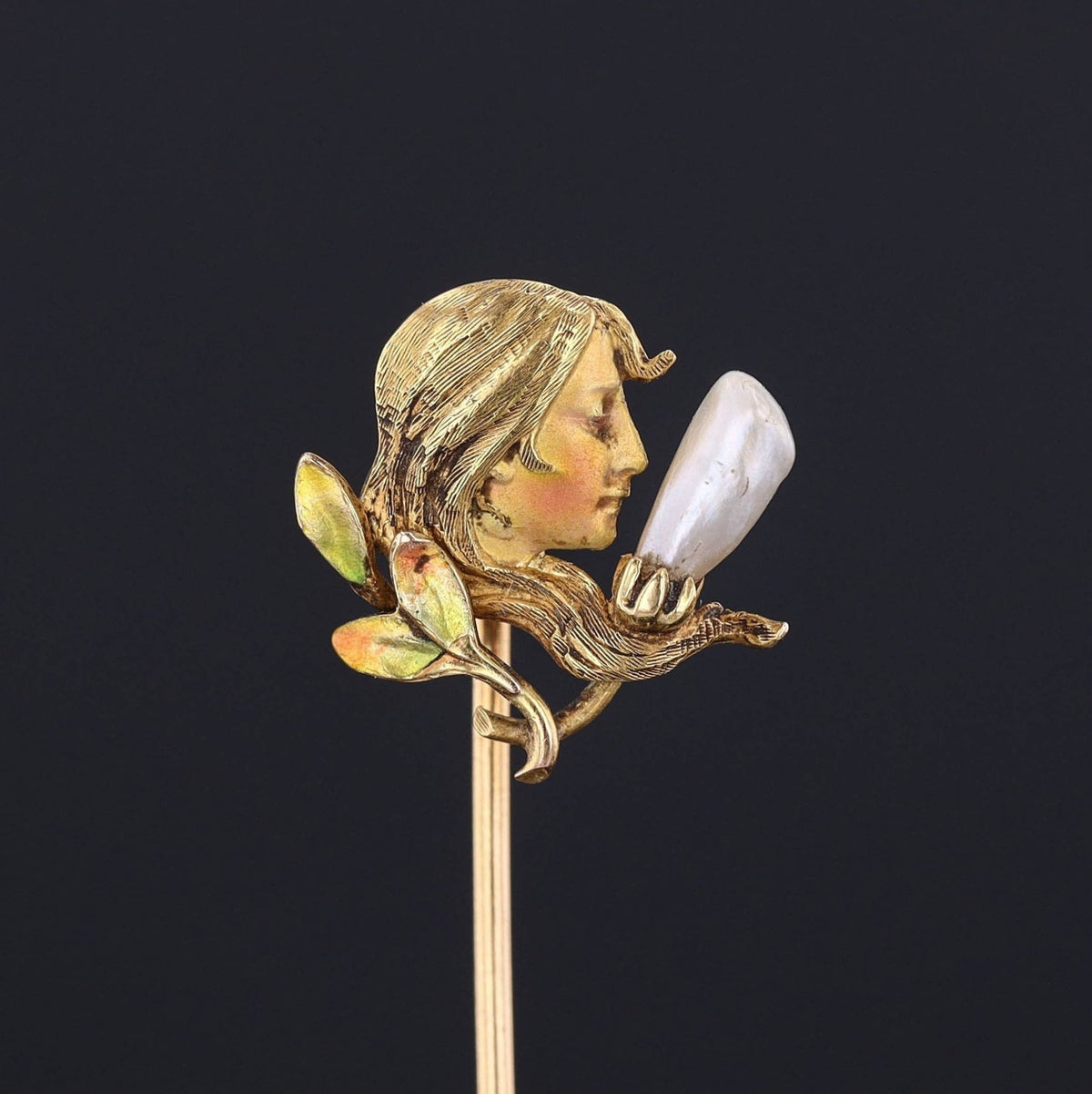 Art Nouveau Enamel Woman Stickpin of 14k Gold by Krementz and Co. - Trademark Antiques